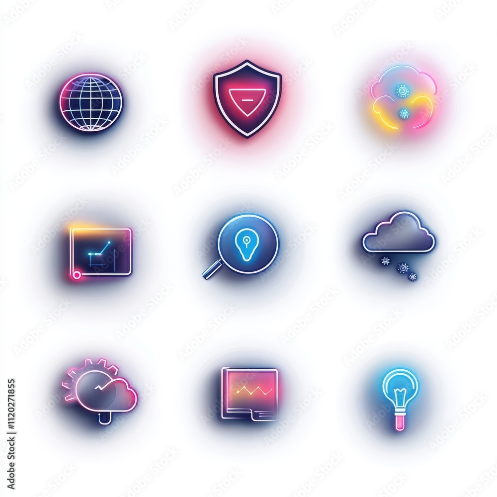 Poster a set of neon icons with a key and a shield