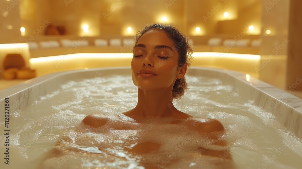 Poster a woman enjoys a calming soak in a beautifully designed bath surrounded by soft lighting and soothin