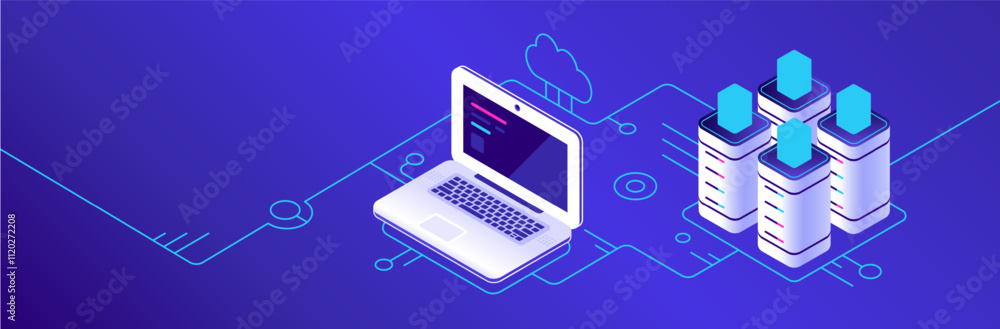Poster isometric vector illustration representing cloud computing, with laptop connecting to server and clo