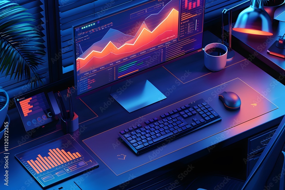 Poster futuristic workspace with data visualization and modern technology