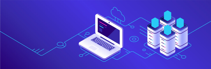 Isometric vector illustration representing cloud computing, with laptop connecting to server and cloud, ideal for technology and internet concepts