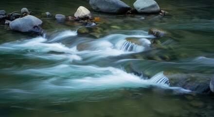 Serene river flow smooth rocks in tranquil nature setting