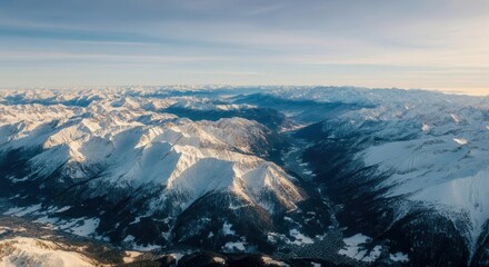 Serene mountain landscape at dawn with snowy peaks
