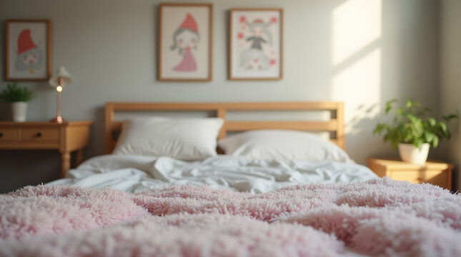 Room with comfortable bed with pillows and cushions