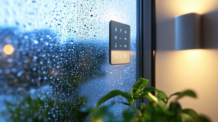 A modern control panel on a rainy window, highlighting technology and indoor comfort.