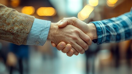 Two businessmen clasp hands in a firm handshake, demonstrating trust and agreement in a stylish urban office environment filled with soft lighting and a collaborative atmosphere