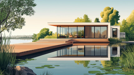Modern lakeside house with glass walls and wooden deck surrounded by greenery.