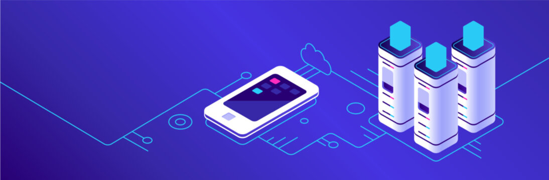Isometric vector illustration showing a smartphone connecting to a server database, representing concepts like cloud computing, data storage, and mobile technology