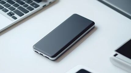 A sleek smartphone rests on a minimalist desk alongside laptops, embodying modern technology and workspace efficiency.