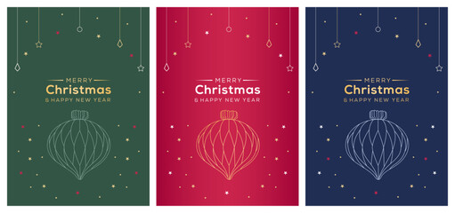 A set of Merry Christmas and Happy New Year greeting cards vector. Merry Christmas cards with balls, Christmas tree, and Stars ornaments.