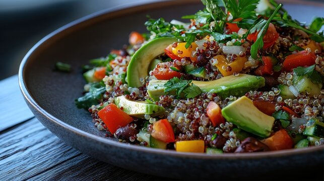Savoring a healthy salad with avocado and quinoa on a rustic wooden tablea plant-based eating experience