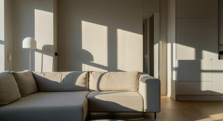 Fototapeta premium Modern living room bathed in warm sunlight with shadows