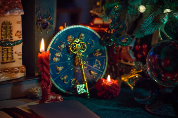 Candle burns on the altar, magic among candles, clean negative energy, magical concept, winter time	