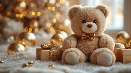 Adorable teddy bear with golden gifts and christmas decorations