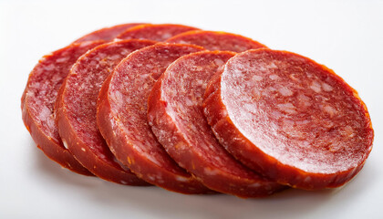 Obraz premium Tasty sausage slices on white background. Delicious meat food.