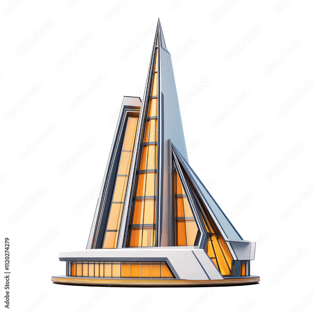 Poster modern architectural design featuring tall, angular building with large glass windows and striking o