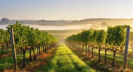 Naklejka premium Misty morning at lush vineyard with golden sunrise light