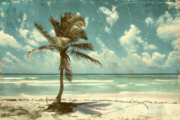 Vintage scene Palm tree by sandy beach and blue ocean under clear sky, Coconut tree beach landscape outdoors, Tropical beach with palm tree and blue sky background. Vintage style.
