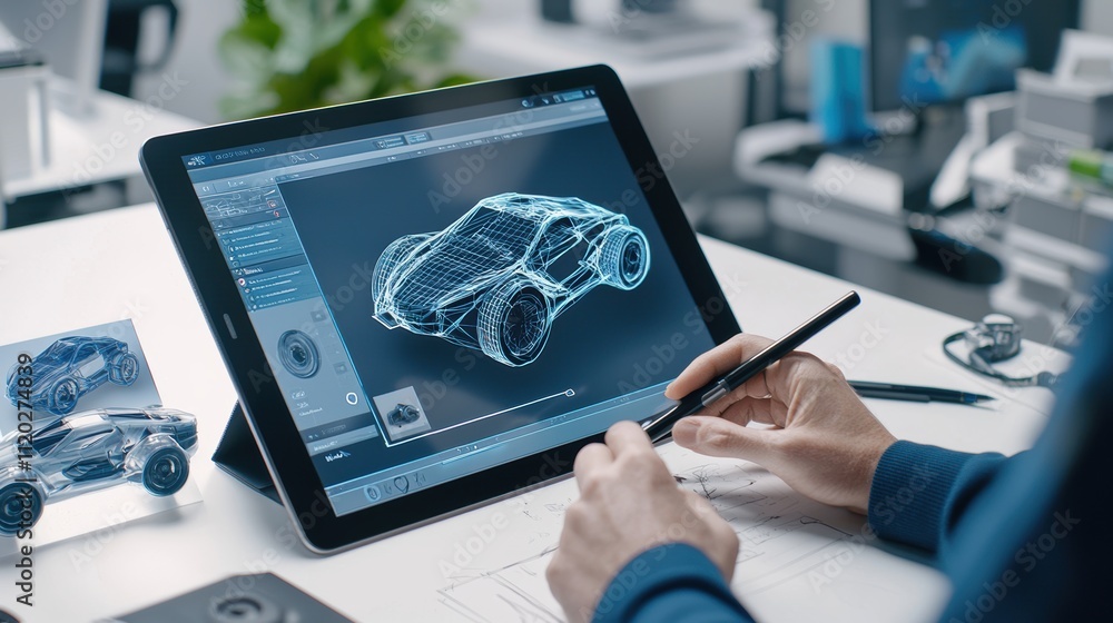 Poster digital design designer prototyping innovative products on tablet in modern workspace