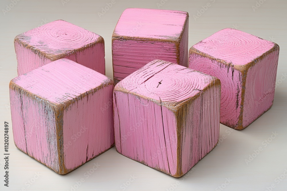 Poster five pink wooden blocks with a rustic finish arranged in a casual grouping.