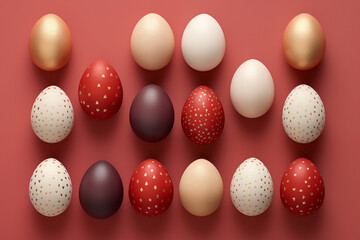 Colorful Easter Eggs on Red Background, Top View