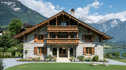 Historic Stone Alpine Chalet with Mountain Lake Views, Traditional St. Moritz Estate with Carved Details