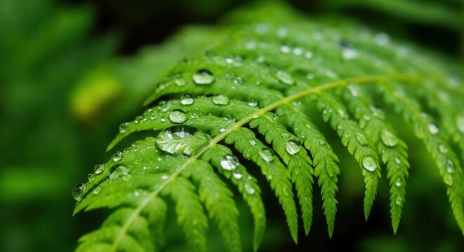 Fresh dew drops on vibrant green fern leaf - Powered by Adobe