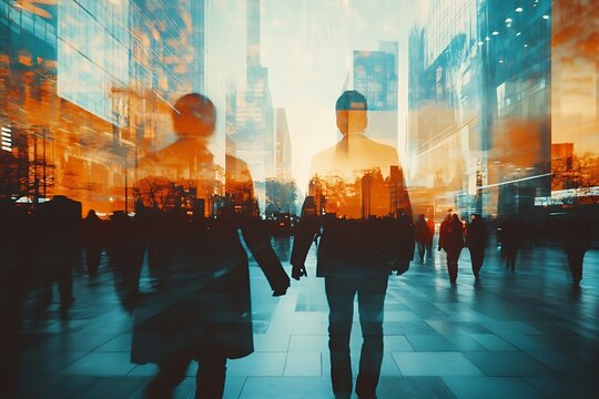 Abstract Business Silhouettes in Orange Cityscape