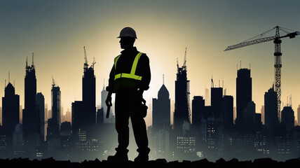 Obraz premium Silhouette of a construction worker with a cityscape overlay, symbolizing urban development.