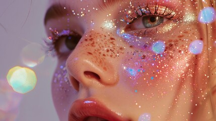 Intricately designed glitter makeup on a face