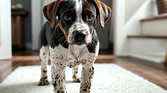 Dog with Muddy Paws on White Rug Leaving Footprints Behind