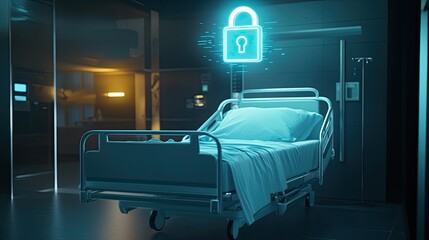 A conceptual image of a hospital bed with a glowing lock hovering above, representing secure patient information systems.