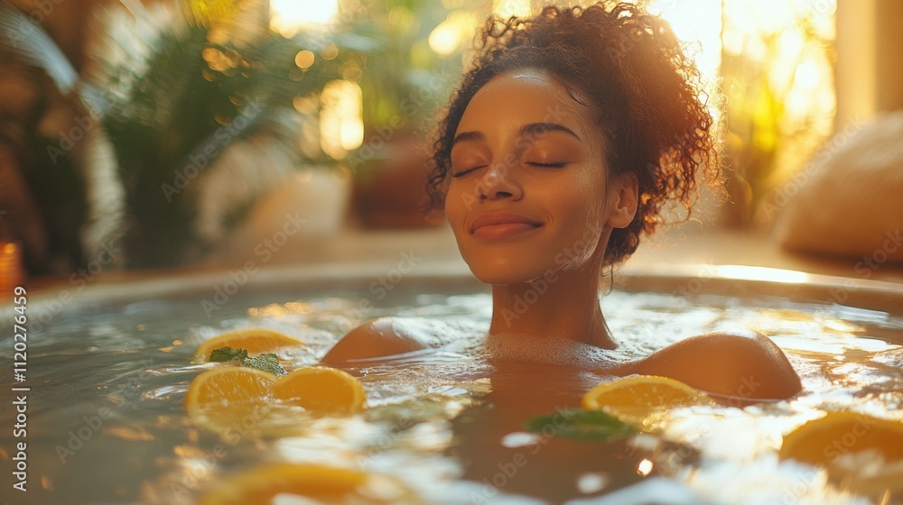 Poster a woman enjoys a tranquil soak in a warm water bath filled with lemon slices. the calming atmosphere