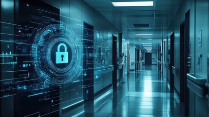 A digital interface showing a lock and data encryption overlay in a hospital ward, symbolizing medical cybersecurity.