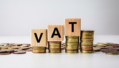 VAT Tax Increase: Wooden blocks spelling out "VAT" sit atop stacks of coins, symbolizing a rise in Value Added Tax.  The image visually represents financial growth and taxation.