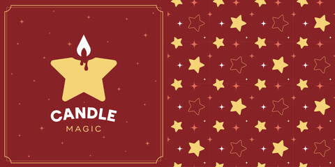 Magic candle in the shape of a star on a red background. Template of a sign or logo. Seamless background for printing on paper, packaging, souvenirs 