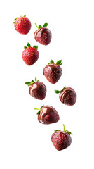 Delicious chocolate-covered strawberries gracefully falling against a pristine white background in a high-quality, transparent png format.