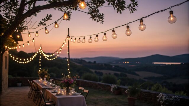 Delicate string lights le above casting a warm inviting glow on the intimate setting creating a magical ambiance as twilight sets in.