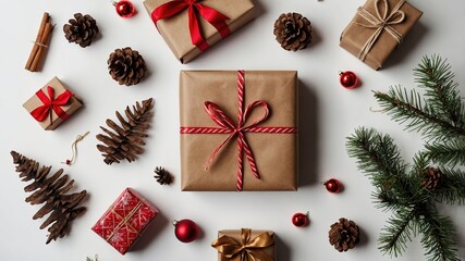 Obraz premium Adornos navideños y ramas de pino con piñas y regalos, formando una decoración festiva sobre una mesa de color blanco. Postal de navidad