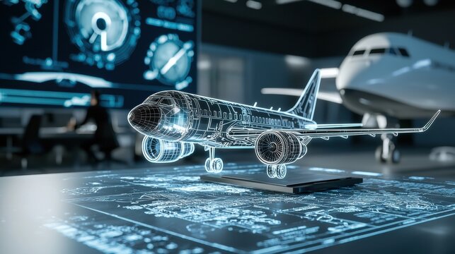 Engineers collaborate on aerospace technology innovation in conference room focusing on blueprints and designs