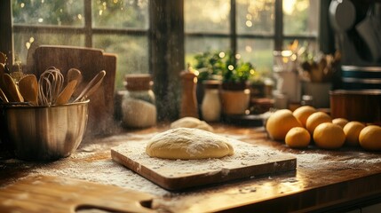 Fototapeta premium A rustic kitchen scene with dough, flour, and fresh lemons, inviting baking and culinary creativity.