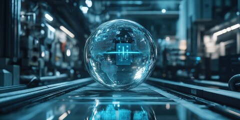 a transparent glassball (Europe) through which an invisible but perfectly functioning digital supply chain runs. This is represented by subtle data streams that meander around the globe.