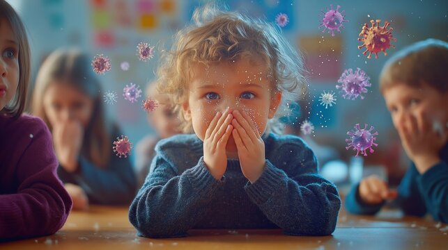Child sneezing in classroom surrounded by colorful virus particles