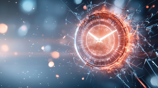 Ceasefire and truce lead to a peace agreement, fostering conflict resolution. Abstract Time Concept with Glowing Clock and Exploding Background Effects