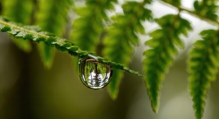 Crystal clear dewdrop on vibrant green fern leaf