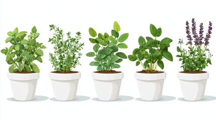 A Collection of Fresh Herbs Growing in White Pots on a Bright Background, Featuring Basil, Thyme, Cilantro, Mint, and Lavender for Garden Enthusiasts