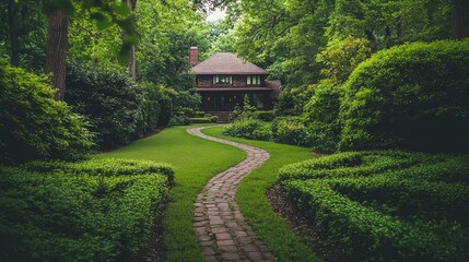 Fototapeta premium A serene garden path leads to a charming house surrounded by lush greenery.