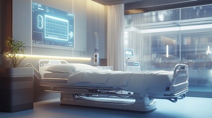 A minimalist hospital room with a holographic lock over the bed, portraying secure healthcare networks. -