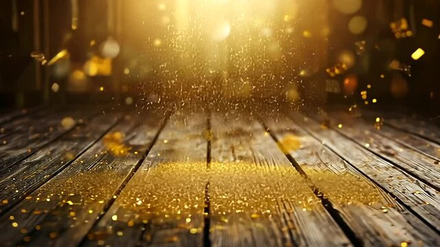 Wooden background with intricate golden patterns along the edges, scattered confetti glimmering in mid-air, and soft light radiating a festive glow, perfect for an anniversary cele
