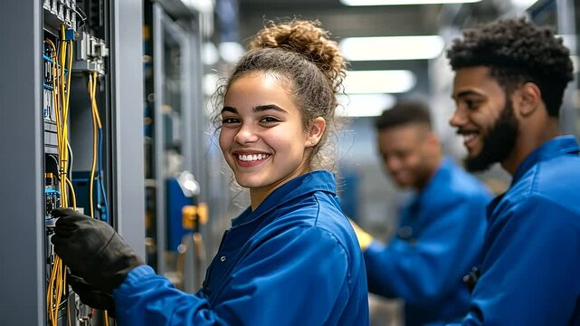 Young electrician students in blue overalls, smiling as they work together on wiring practice, surrounded by tools and electrical panels in a well-lit workshop.